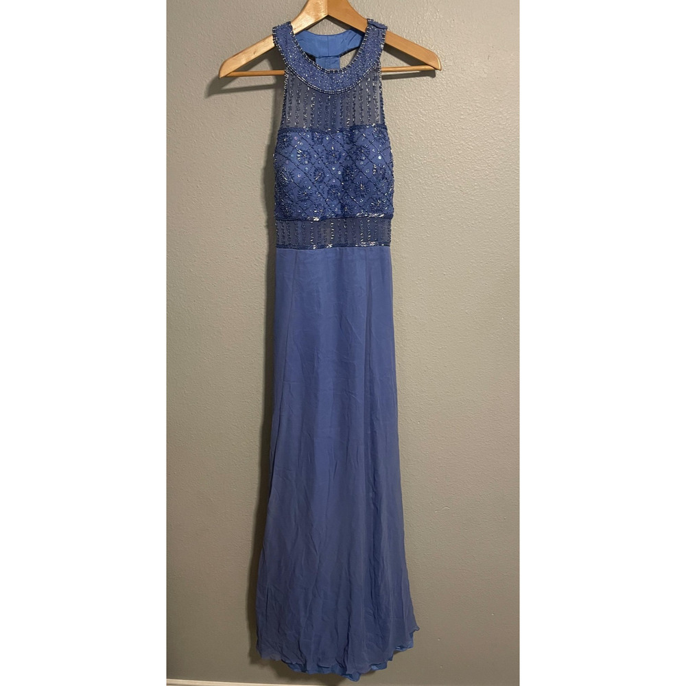 Precious Formals Gown Womens 10 Blue Silk Beaded Halter Maxi Prom Formal Evening